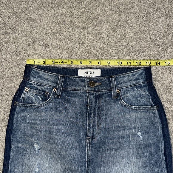 PISTOLA Sierra High-Waisted Side Stripe Distressed Denim Mini Skirt | Size 25 - Picture 6 of 8